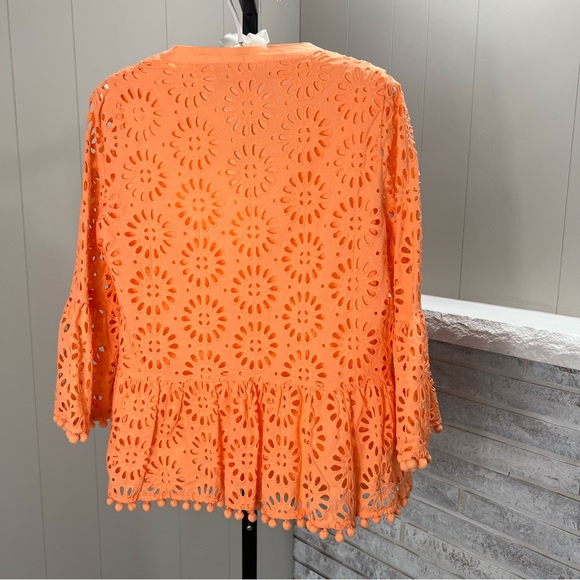 Lilly Pulitzer Bekah Orange Floral Eyelet Ruffle Pom Pom Trim Peplum Hem Top XS - Picture 3 of 5